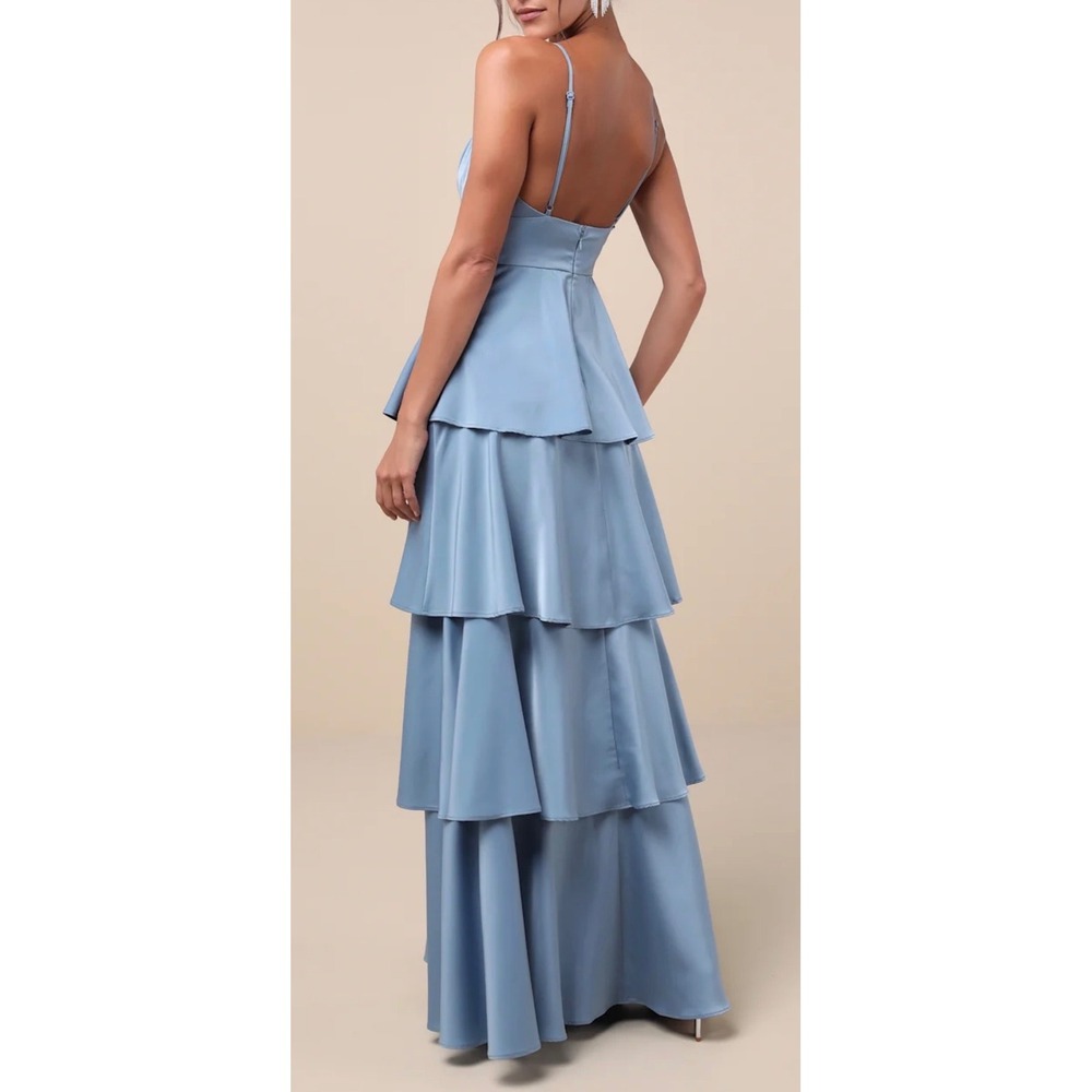 NWT Lulus Going with Elegance Slate Blue Satin Tiered Gown Size Small Formal - Picture 2 of 11
